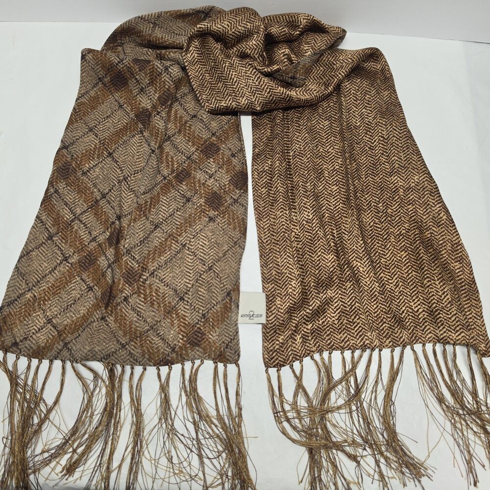 Vintage Anne Klein Silk Reversible Fringed Scarf Plaid Herringbone Tan Brown